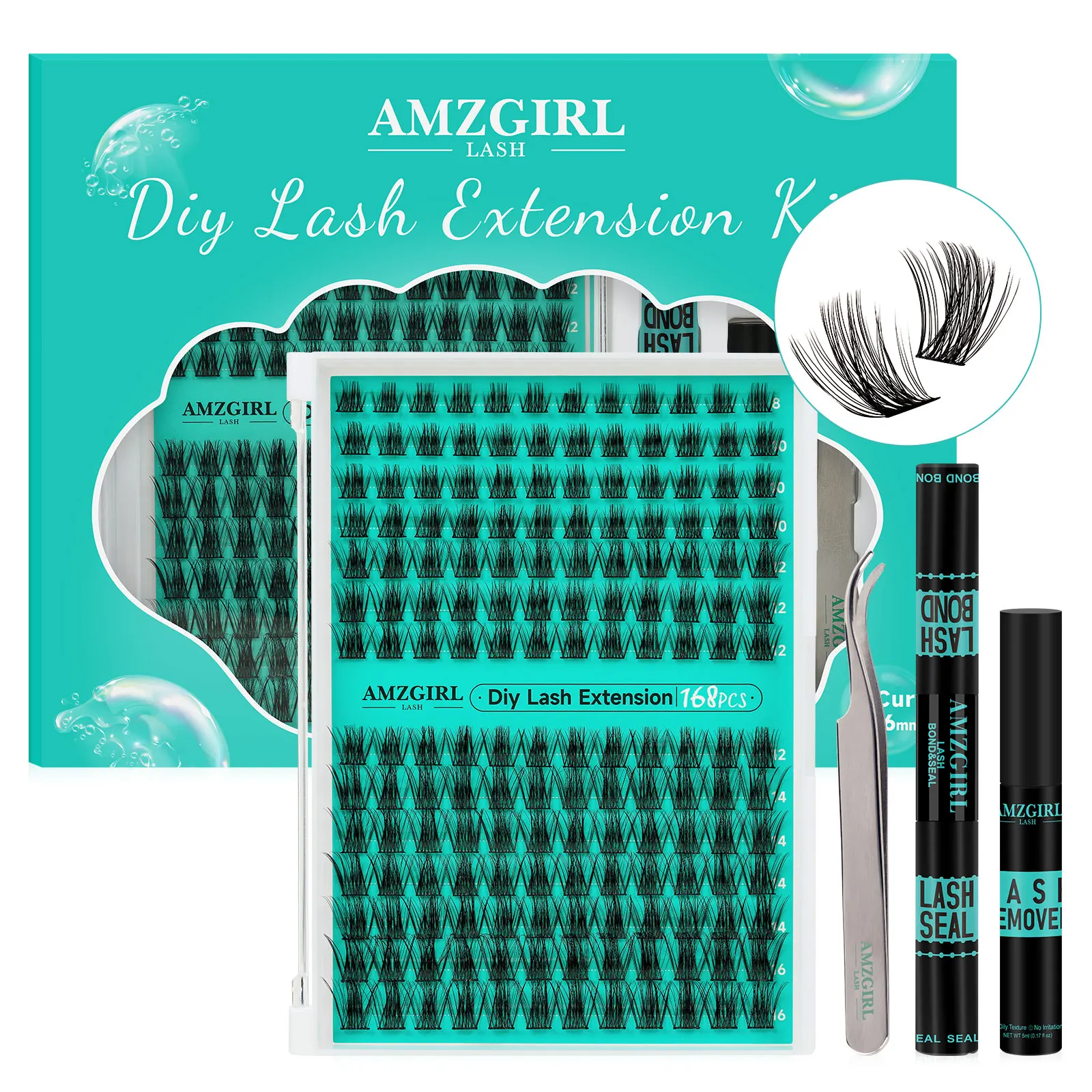 AMZGIRL LASH DIY Eyelashes Kit 168pcs Cluster Lashes D Curl Waterproof Bond and Seal with Remover Tweezer Premade Fan Lashes