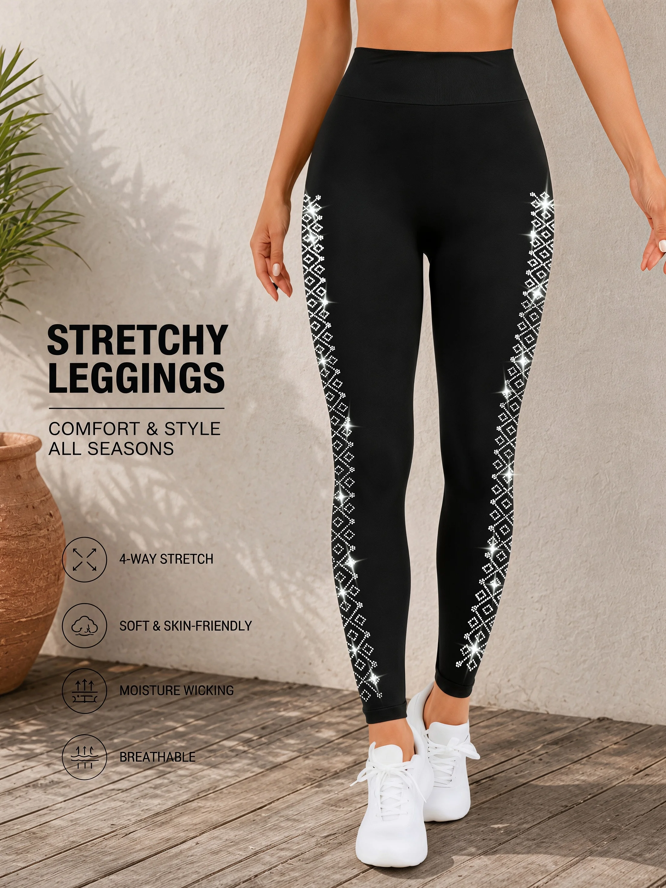 Damen-Leggings mit seitlichem Zickzack-Strassmuster, hoher Taille und Knöchellänge, sexy, dehnbare, schlanke Sporthose für Urlaub, Fitness und Alltag – Detail 2