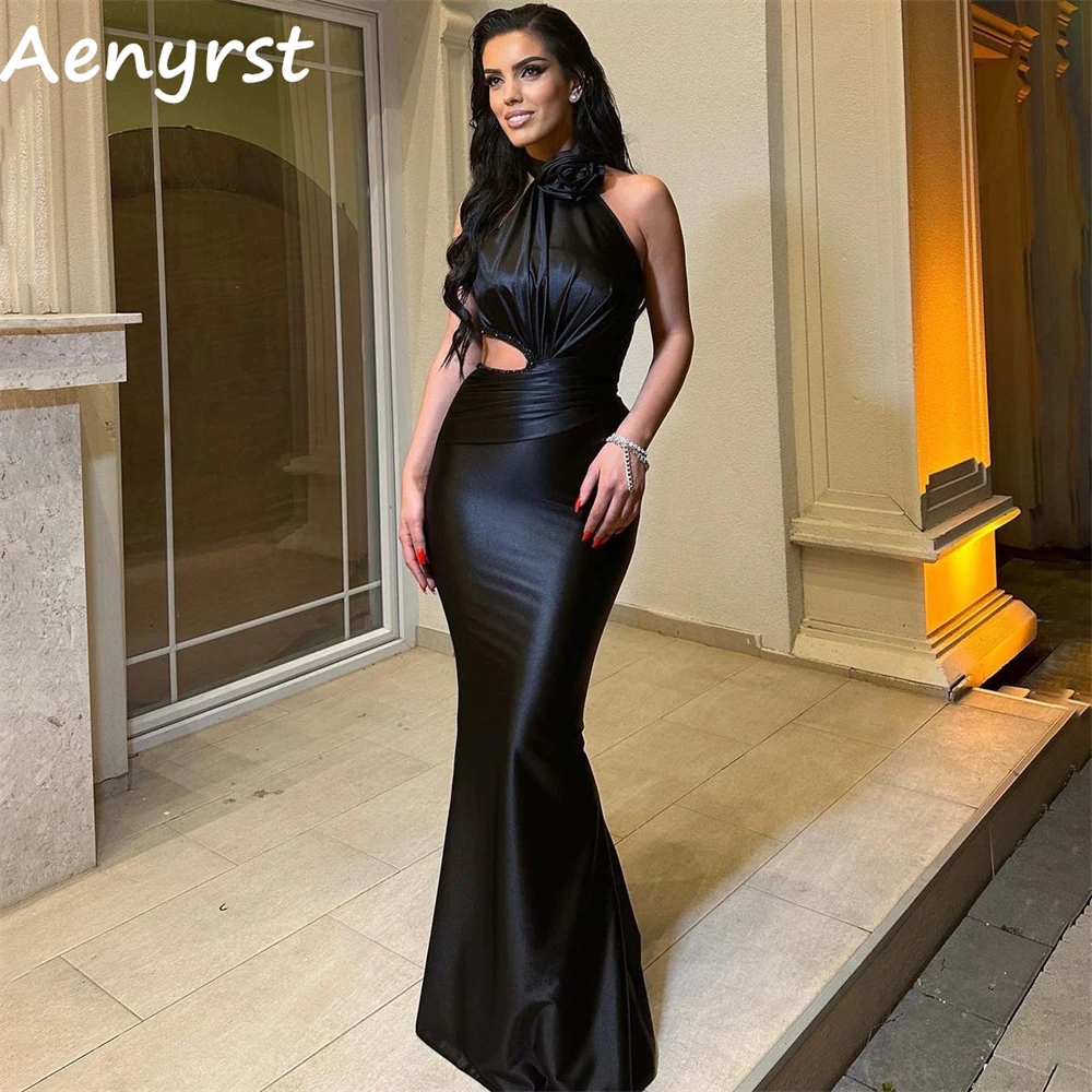 

Aenyrst Simple Black Halter Mermaid Evening Dresses Crepe Bodycon Saudi Arabia Prom Gowns Floor Length Formal Occasion Dress