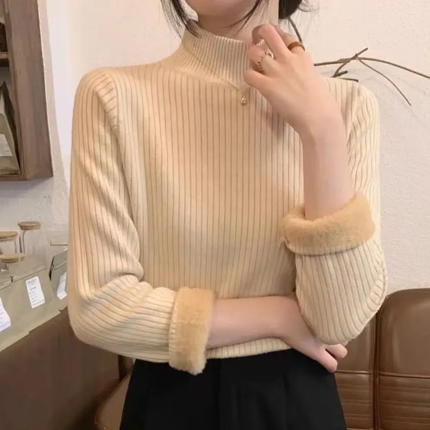 

2024 Women Autumn Winter New Thick Warm Velvet Pullovers Female Slim Fit Knitted Tops Ladies Long Sleeve Sweater Tops B608