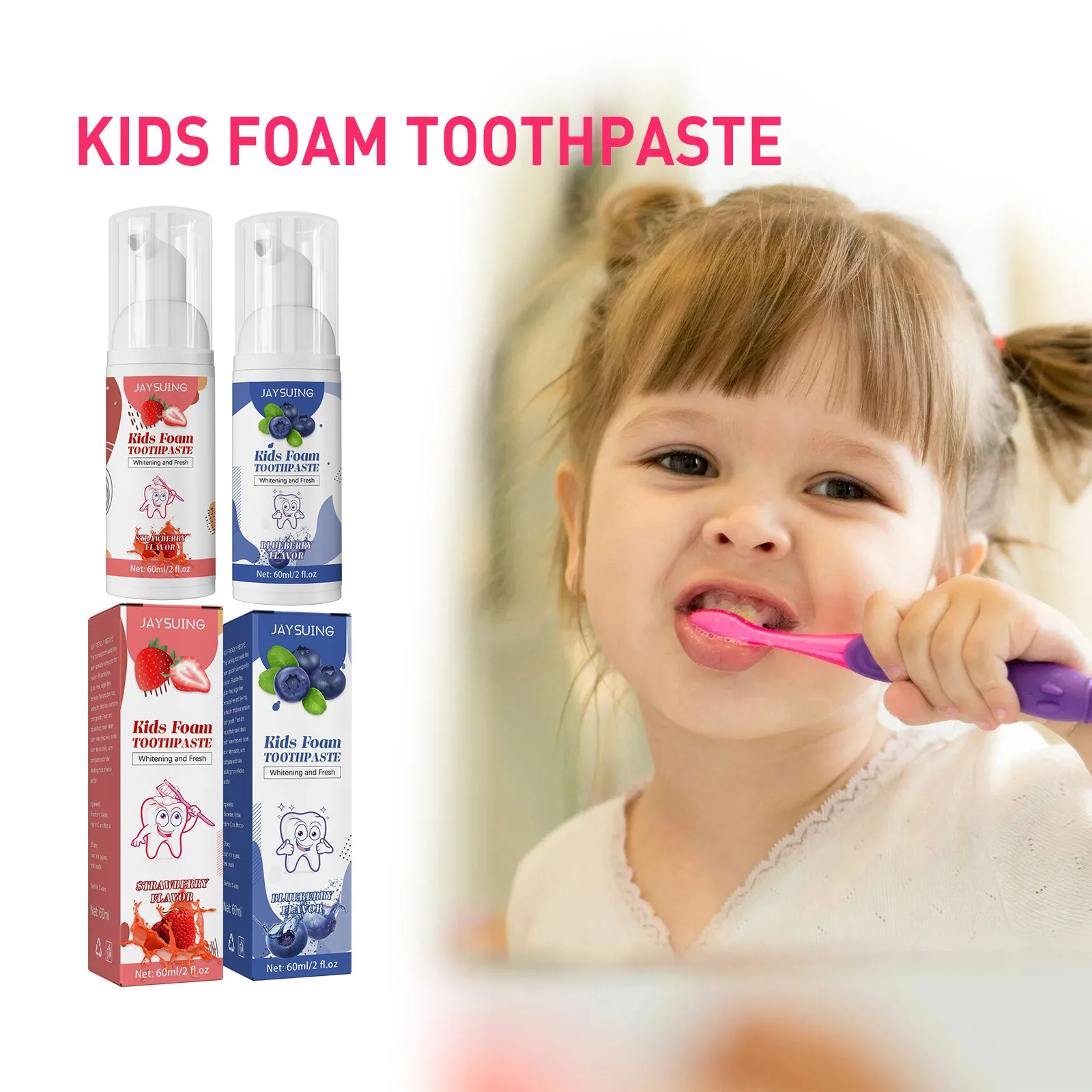 

Kid Foam Toothpaste Whitening and Fresh Anti-cavity Toothpaste Cleaning Mousse Toothpaste, Strawberry and Blueberry Flavor, 60ml