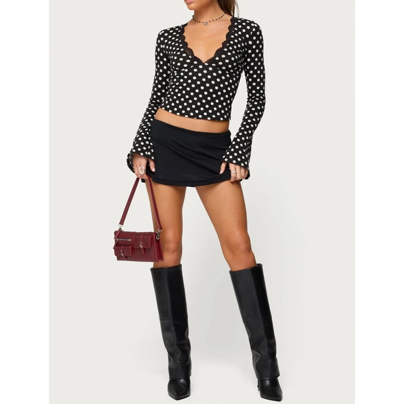 2026 Women's Slim Fit Crop Tops Y2k Vintage Polka Dots Print T-Shirts Flare Long Sleeve Floral Lace Trim Patchwork V Neck Blouse