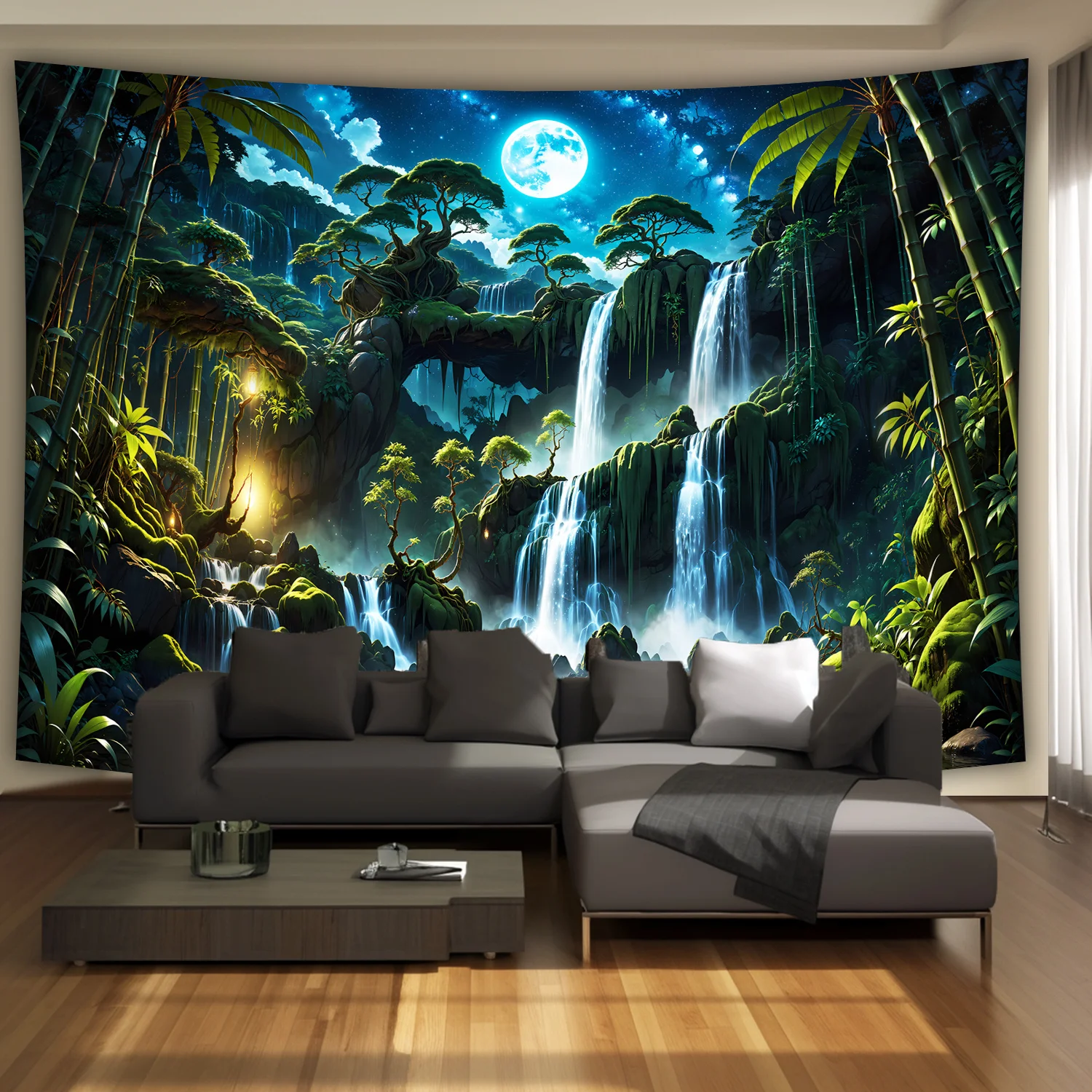 Tranquil Forest Waterfall & Moon Tapestry, HD Digital Print Nature Landscape Wall Decor for Living Room and Party Backdrop
