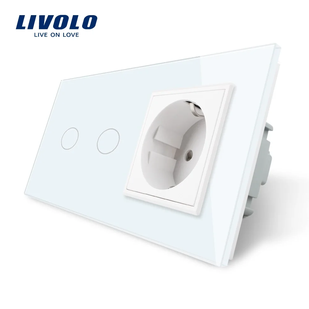 Livolo 16A EU Standard Wall Power Socket, White Crystal Glass Panel, Touch Switch with Wall Outlet, VL-C702-11/VL-C7C1EU-11