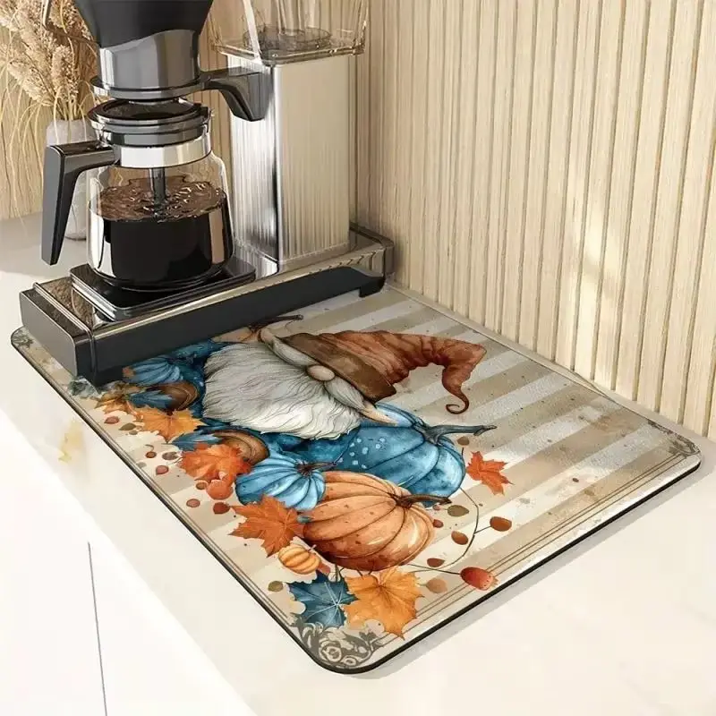 VIKAMA Fall Gnome Dish Drying Mat Flannel Absorbent Non Slip Kitchen Counter Pad Pumpkin Maple Leaf Pattern Placemat Autumn
