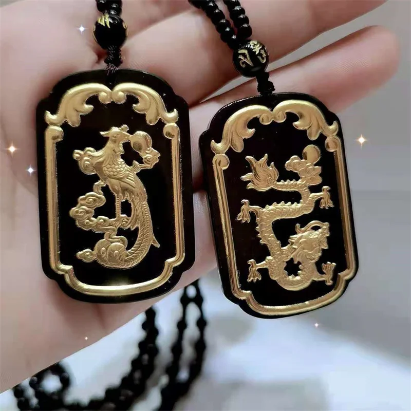 

AU750 gold dragon phoenix gold inlaid jade pendant square plaque 18K gold border men's and women's couple necklace