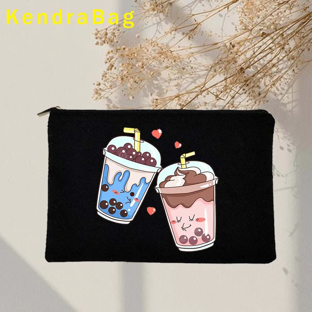 Cute Cartoon Pearl Milk Tea Lover Gifts Girl Boba Bubble Teas Kpop Canvas Cosmetic Bag Makeup Key Pencil Case Zipper Pouch Purse