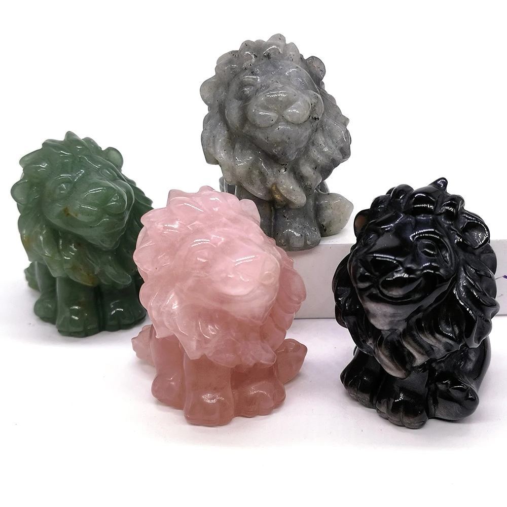 1PCS Natural Crystal Stone Lion Statue Rose Quartz Opalite Obsidian Loveliness Animal Figurine Gem Crafts Office Decor Home Gift