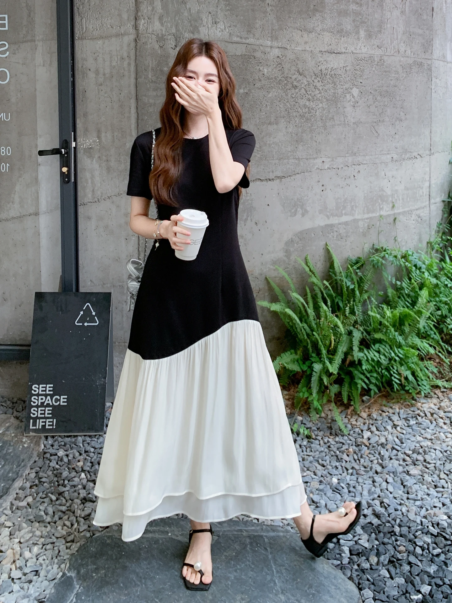 Korean High-End Color Block Waist-Cut Dress Women's Summer 2026 Slimming Design Long Dress Fashionable A-Line Skirt