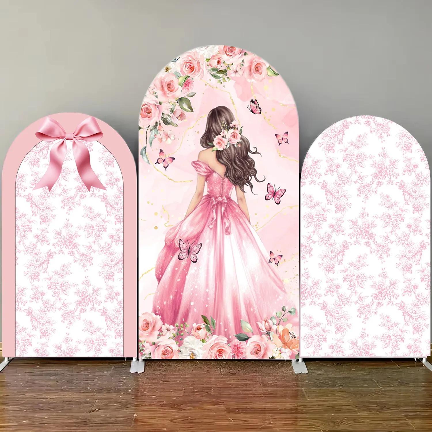 

Pink Butterfly Flowers Arch Backdrop for Girls Birthday Party Decoration Custom Elastic Arched Background Cover Photo Booth Prop