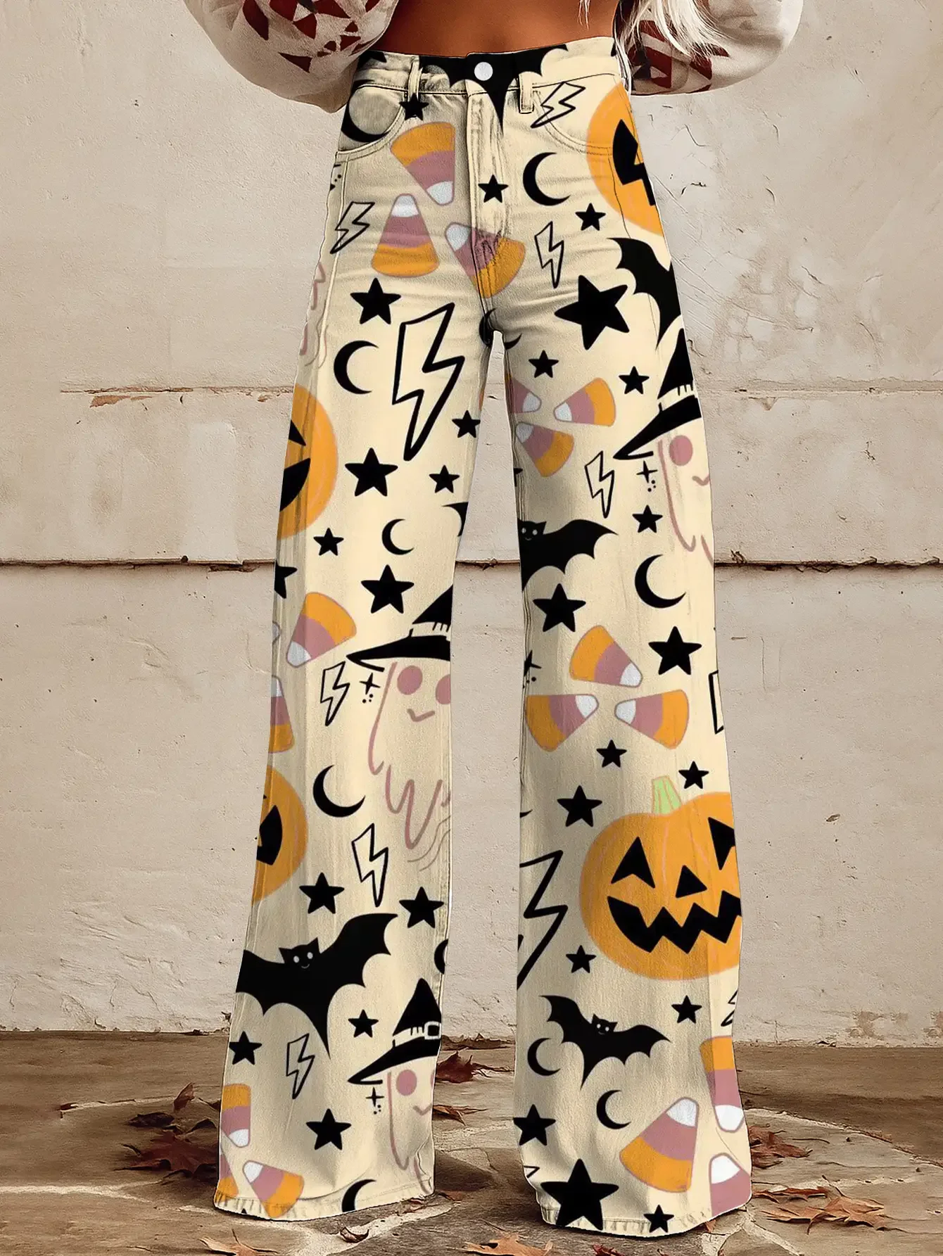  Women's new fashionable and casual 3D printed loose high waisted flared pants imitating denim fabric,