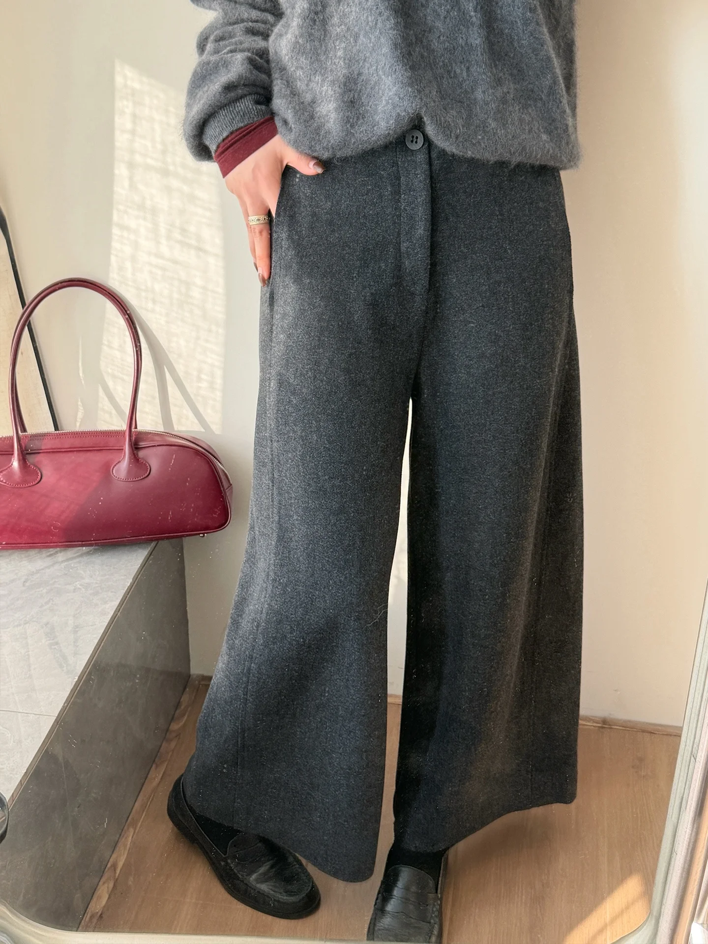 

Jusiley High Waist Wide Leg Woolen Nine Points Pants Vintage ey Slimming Effect Retro Sle Women's Casual Trousers