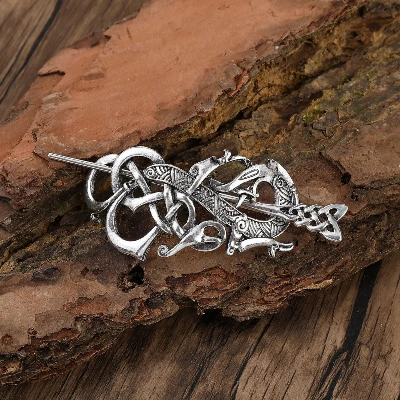 Silver Celtic Knot Totem Hairpin Retro Viking Style Metal Headpiece Carved Flower Weaving Pattern Women's Personalized Dressing