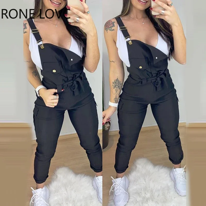 Women Buckled Pocket Design Solid Suspender Jumpsuit Bodycon Jumpsuit  One Piece Jumpsuit