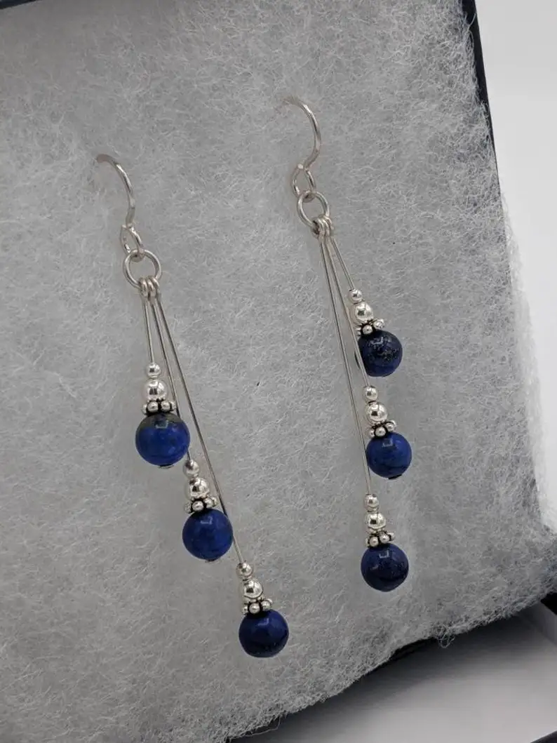 Lapis lazuli earrings, asymmetric earrings, handmade lapis lazuli beaded jewelry