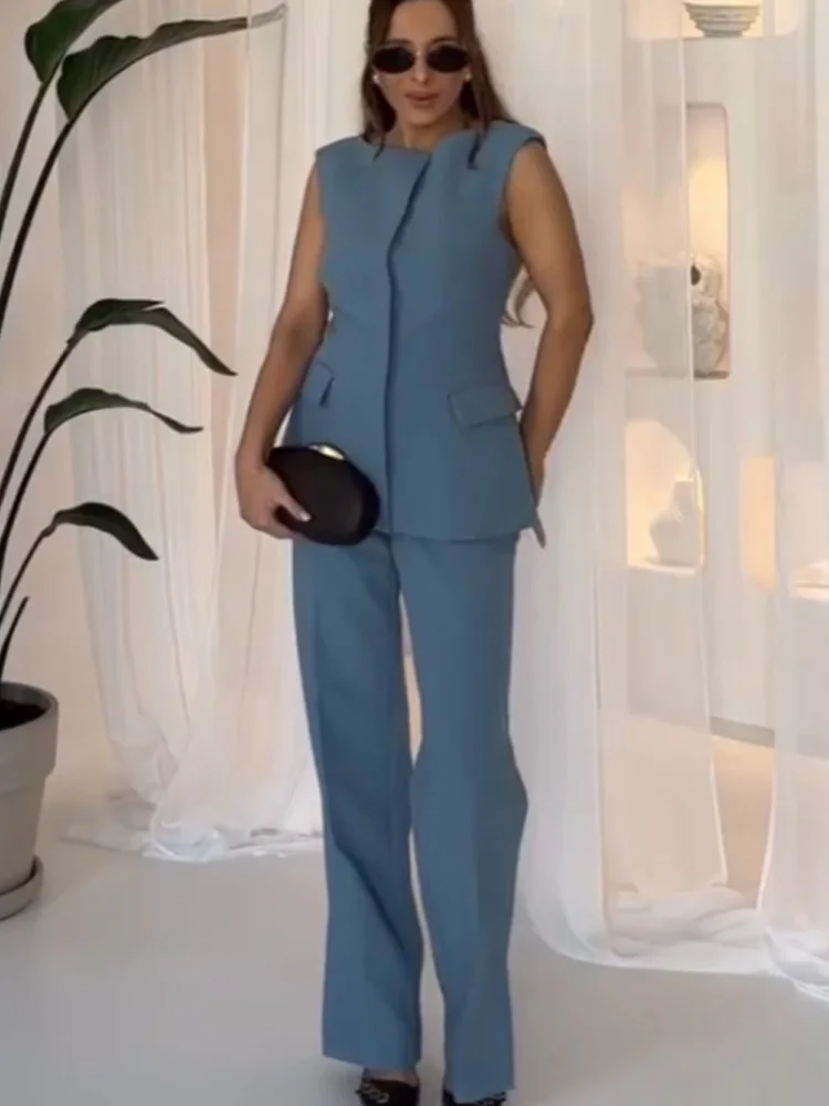 

HH Women Solid Pants Suit Sleeveless One Neck Vest+Autumn Loose Pockets Straight Side Split High Waist Button Flared Trousers