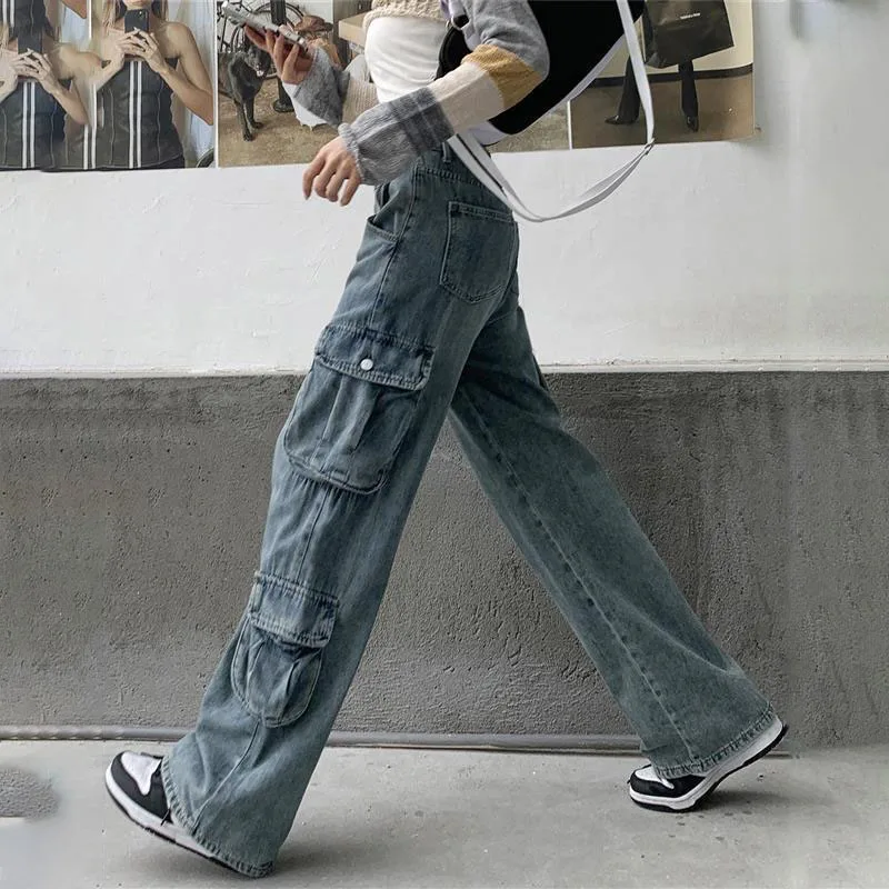새로운 여성 하이 스트리트 작업 청바지, 봄 여름 하이 웨이스트 스트레이트 레그 청바지, 여성 캐주얼 데님 와이드 레그 바지 조수