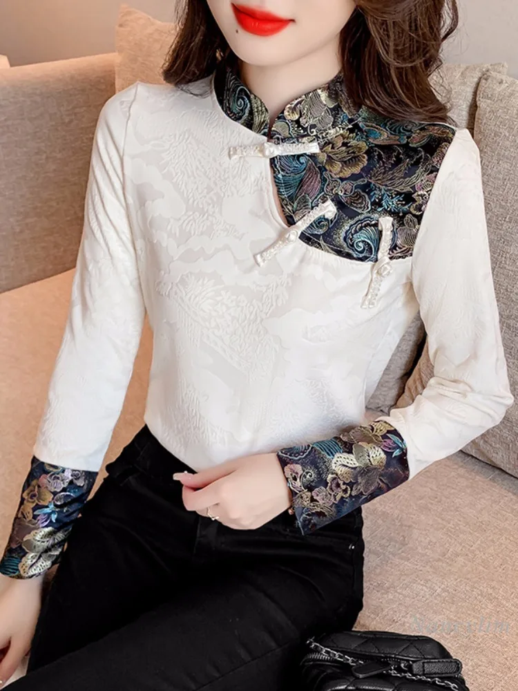 New Chinese Style Long-Sleeved Shirt for Women Spring 2024 New Retro Buckle Top Fashion Pattern Blouses Tops