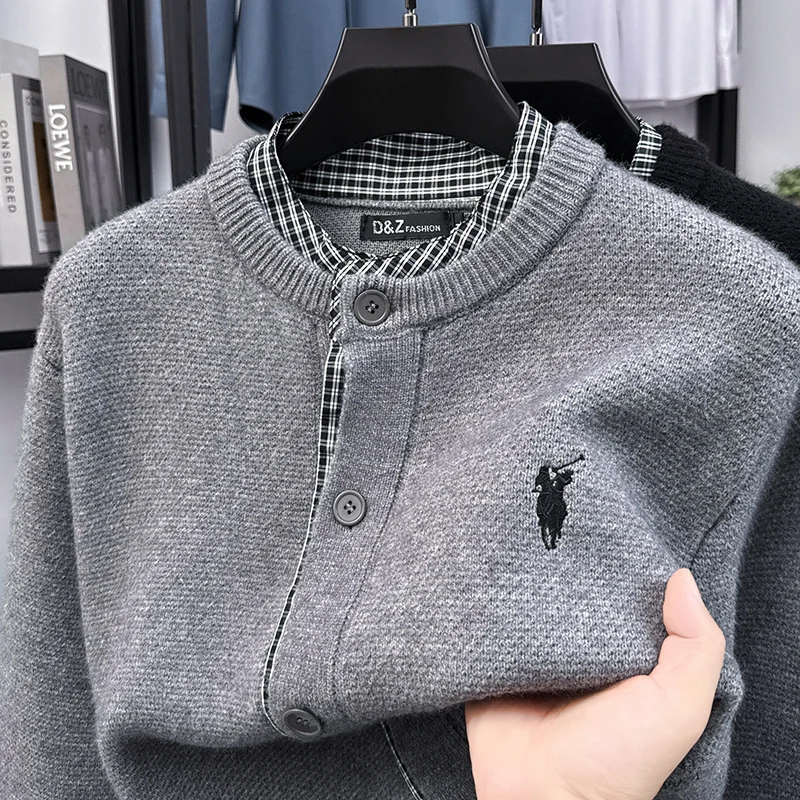 Autumn Winter Youth Men's Knitted Cardigan Sweater Button up Fake Two-Piece Trendy Outerwear wool Fur Blend Sporty Style