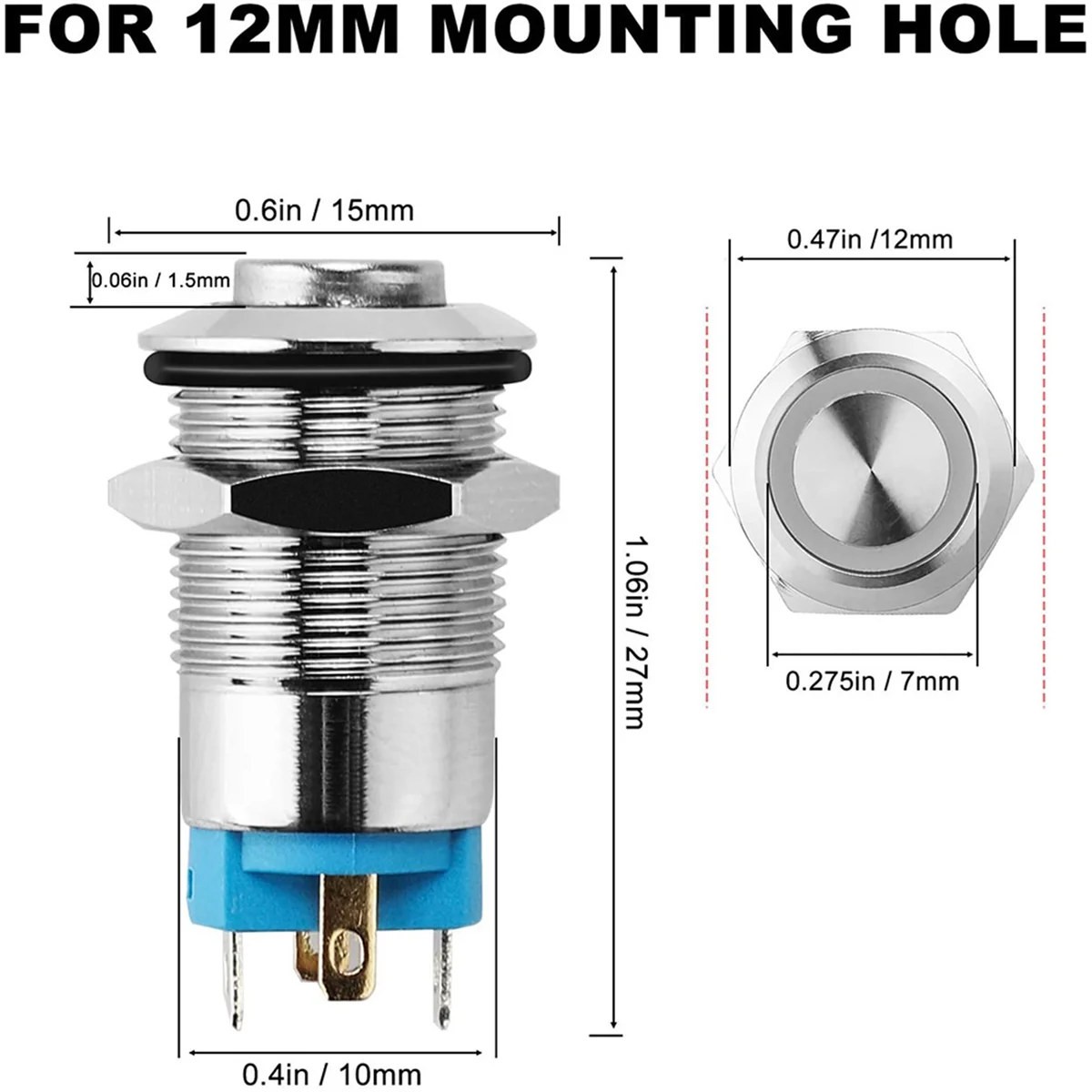 5 Stuks 12Mm Vergrendeling Drukknop Schakelaar Hoge Ronde Dop, Waterdichte Metalen Drukknop Schakelaar Met 12V/24V Blauw Licht