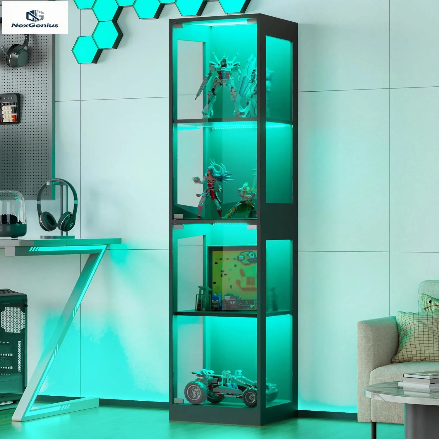 

Черный четырехъярусный стеклянный шкаф-витрина с RGB-подсветкой для коллекционных предметов, для игровой комнаты и гостиной