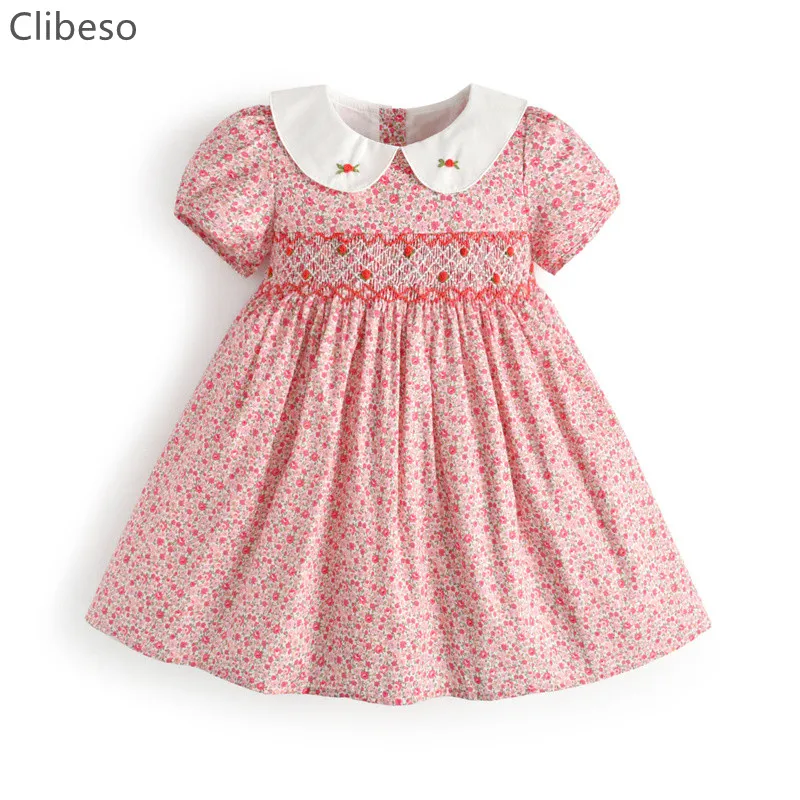 Vintage Girls Boutique Smocked Floral Dresses Children Hand Made Smocking Embroidery Cotton Frocks Baby Teenager Smock Dress