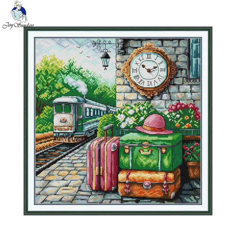 

Joy Sunday Cross Stitch Kit Train Travel HD Pattern Counted Printed Canvas Aida 16/14/11CT DIY Embroidery Sets Gift For Mom New