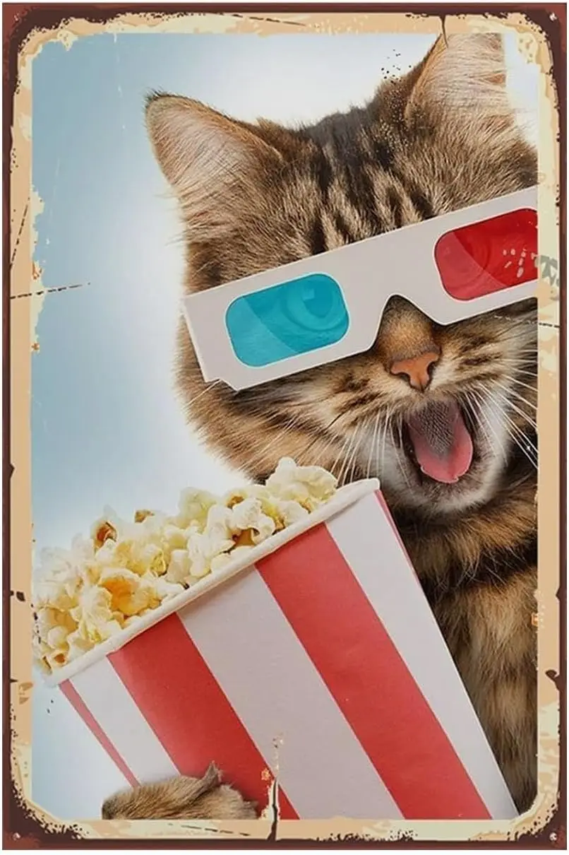 Cat-Sign Metal-Sign Wall-Art Décor-Poster, 3D Glass Kitty Popcorn Movie Time, Funny Decorations for Home Bar Kitchen Pub Restaur