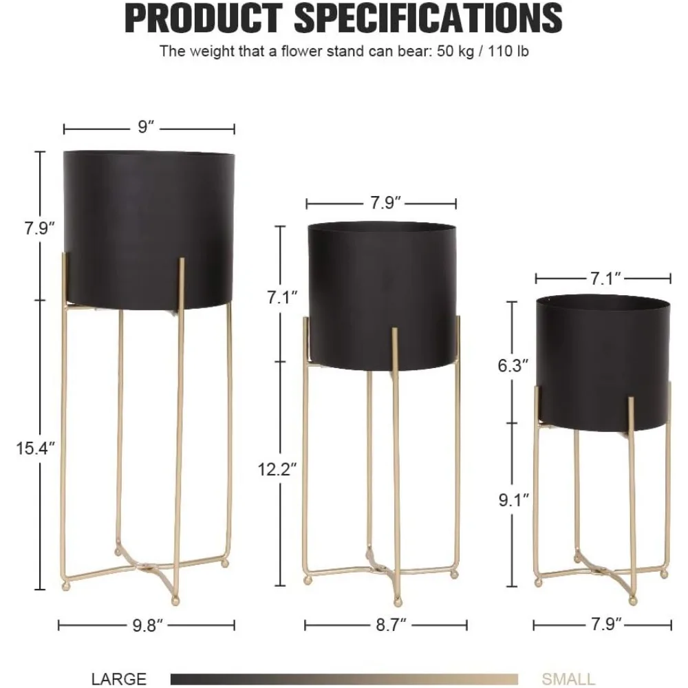 Sinolodo Mid Century Planter with Gold Plant Stand, 3 pcs Modern Planters for indoor Plants, Metal Floor Planter Set