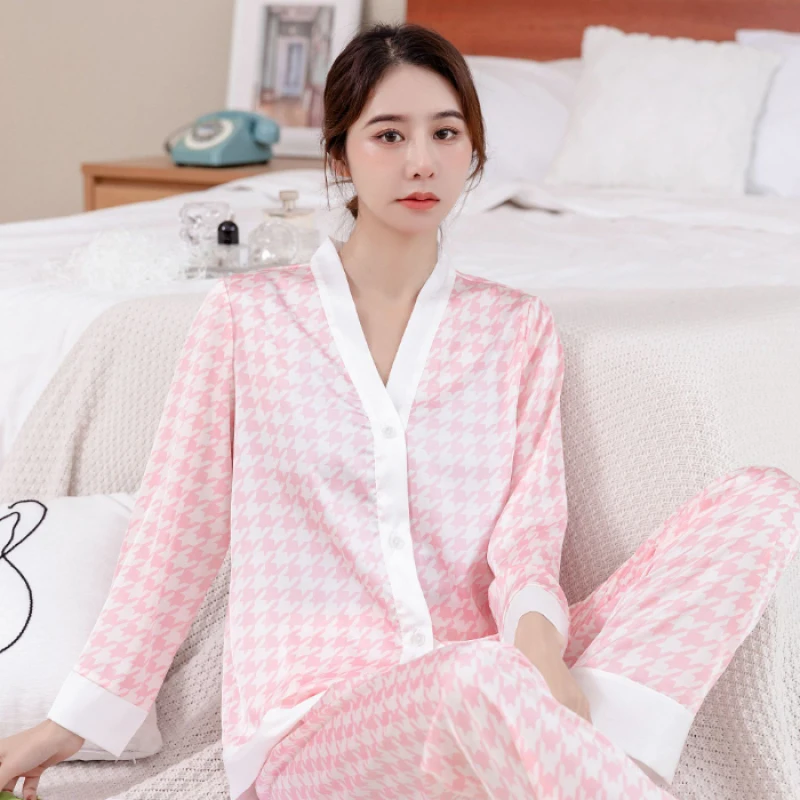 New Love Letter Print Women\'s Pajamas Button V-Neck Design 2024 Autumn Fashion Sleepwear Sets Soft Casual Cute Korean Homewear