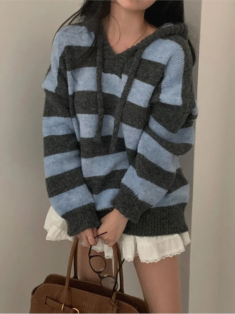

Knitted Autumn Winter Hooded Pullover Sweater Women Striped Print Loose Korean Style Modis Ladies Sweaters Casual Woman Sweaters