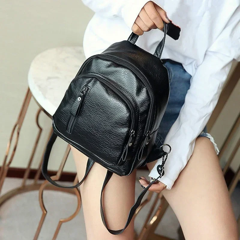 Women\'s Korean Backpack PU Travel Minimalist Girl Multifunctional Versatile Casual Soft Leather Mini Simple Large Capacity Bag