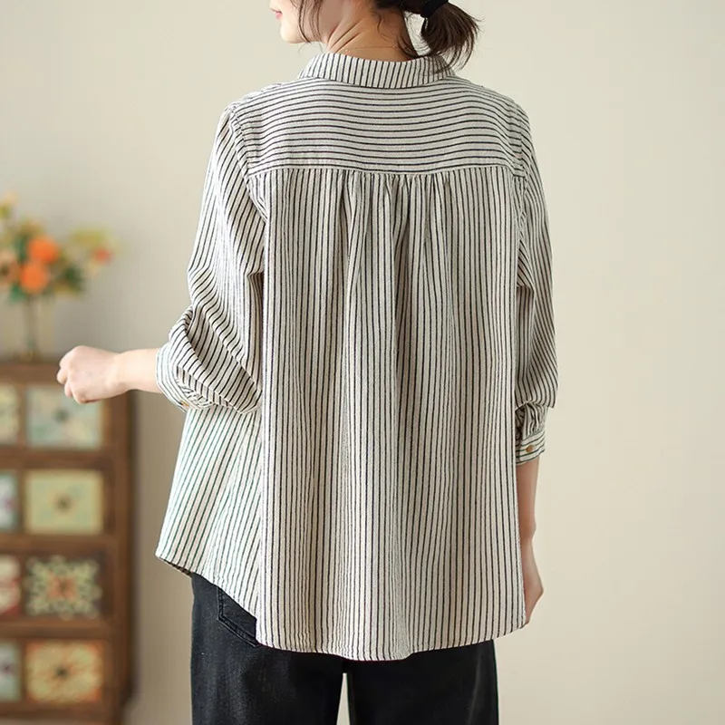 Women Long Sleeve Casual Shirt New Arrival 2024 Spring Korean Style Vintage Striped Loose Female Basics Cotton Tops Shirts B3254