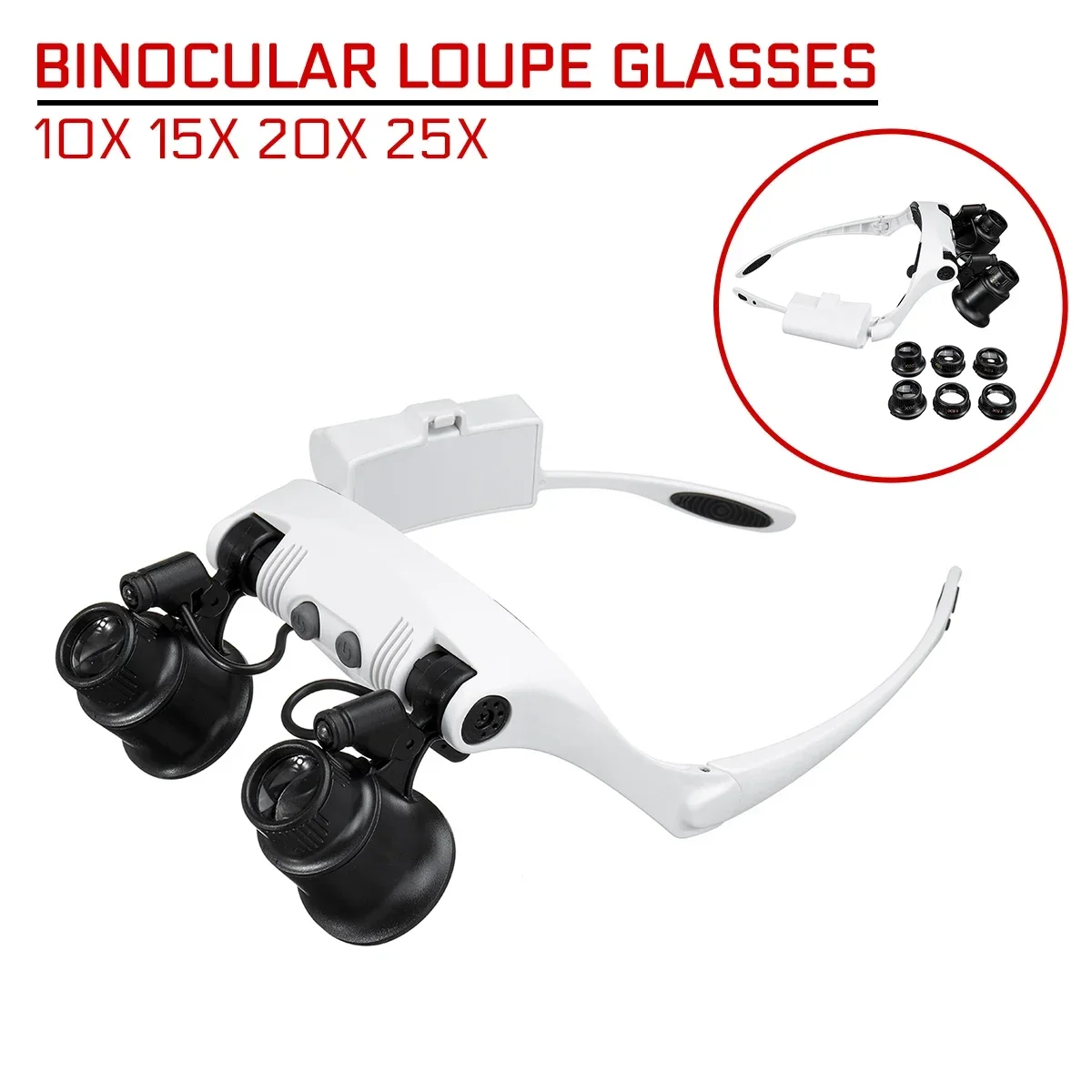 Magnifier 10X 15X 20X 25X LED Double Eye Glasses Loupe Lens with 8 Lens LED Lamp Professional Jeweler Watch Repair Measurement