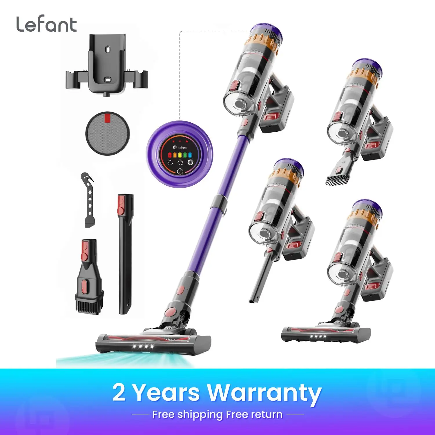 Aspirateur sans fil Lefant V1 avec une puissance d'aspiration de 40 kPa, un moteur sans balais et un écran LED – pour les sols, les tapis et les poils d'animaux