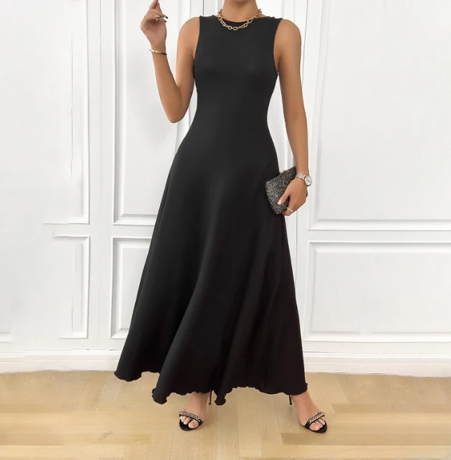 

Sexy Evening Dresses 2024 Women's Elegant Back Strap Black Dress O-Neck High Waist A-Line Elegant Fashion Sleeveless Long Dress