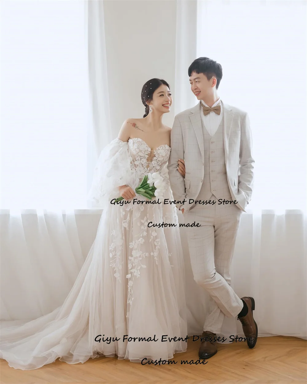 Giyu Fairy Lace Followers Korea Wedding Dress Photo Shoot Sweetheart Collar Floor-Length Vestidos Novias Boda 웨딩드레스