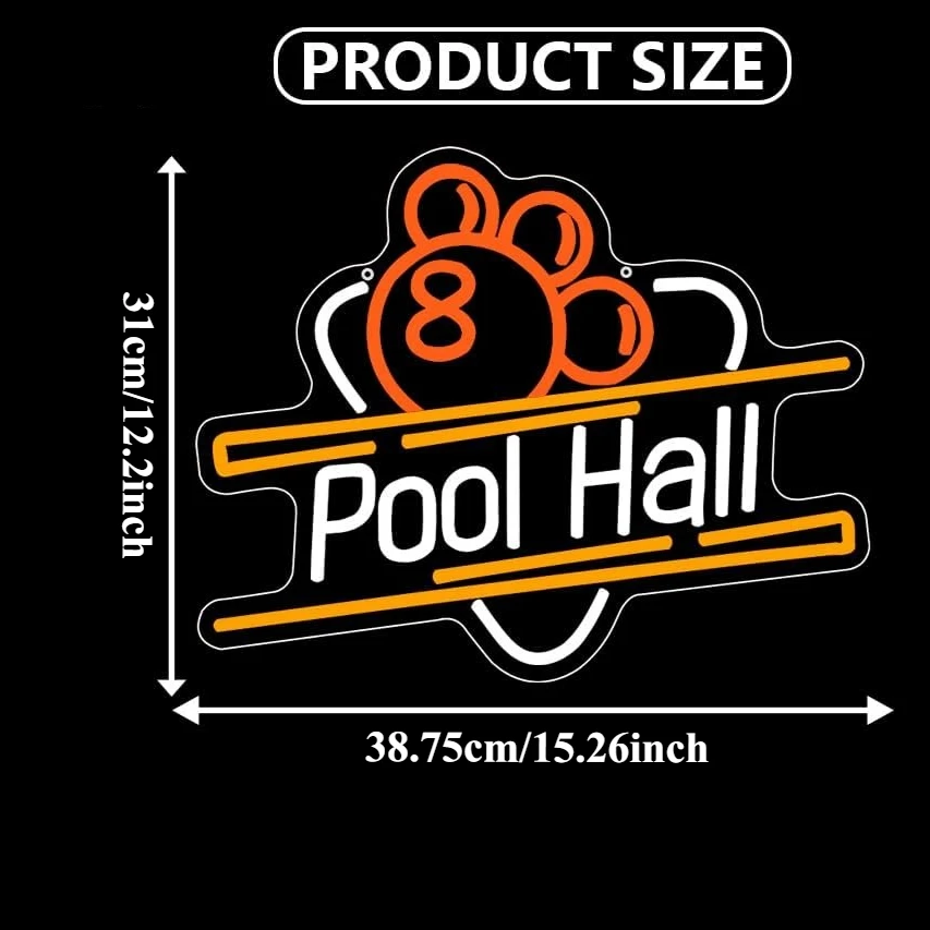 Pool Hall Neon Sign Pool Table LED Neon Light for Game Room Bedroom Home Bar Club Cafe Party Man Cave Dimmable Gift USB Powered