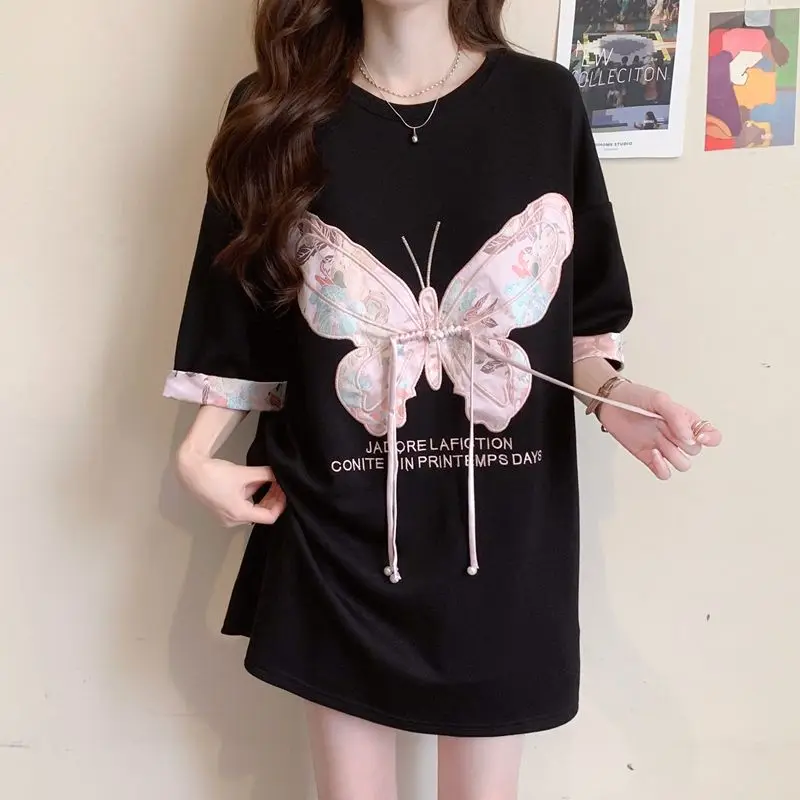 Chinese Disc Buckle Spliced T-shirt Vintage Butterfly Embroidery Summer Short Sleeve Women's Clothing Casual Loose Pullovers New