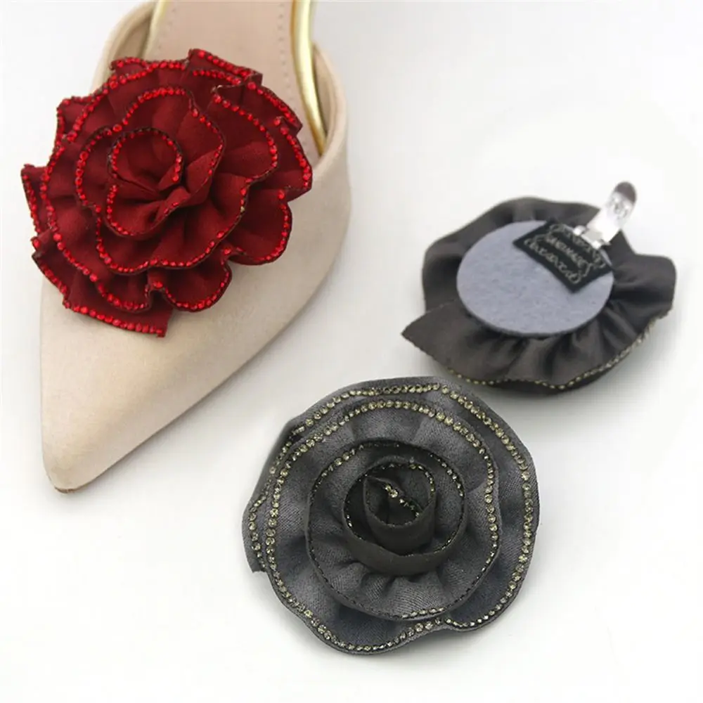 2PCS Removable Lady Fabric Art Flower Shoe Clips Wedding Bride Shoes Decoration Women High Heel Charms Jewelry Rhinestones