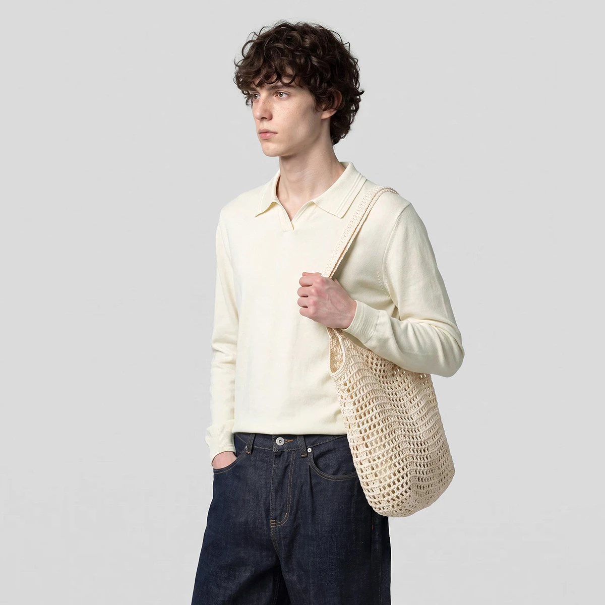Apricot/Gray/Black Solid Color Knit Polo Shirt for Men Minimalist Style Autumn Casual Pullover