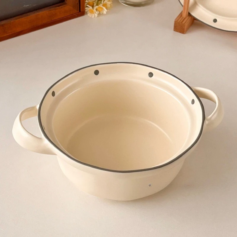 Simple Solid Color Polka Dot Ceramic Double Ear Bowls Student Dormitory Large Capacity Instant Noodle Bowls Soup Bowls Tableware