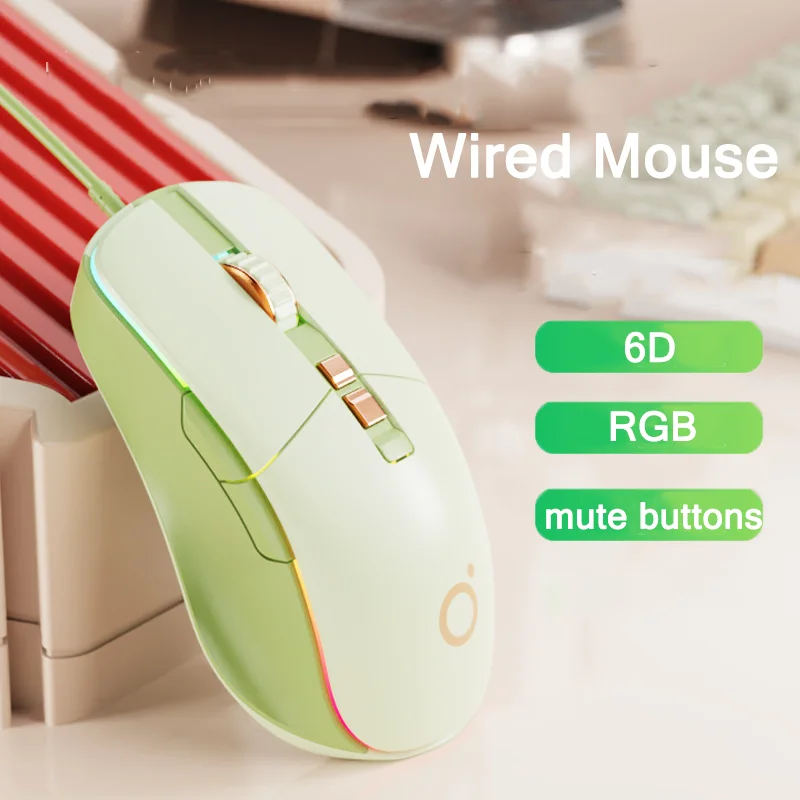 New USB Wired Gaming Mouse Ergonomic RGB Backlit Green Mice Silent Optical Girl Gamer Mause For Laptop PC Computer Office