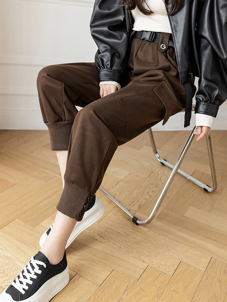 

Уличная одежда Y2K шерстяные брюки-карго для женщин бойфренд свободные шаровары мешковатые зимние брюки женские винтажные брюки с эластичной резинкой на талии брюки