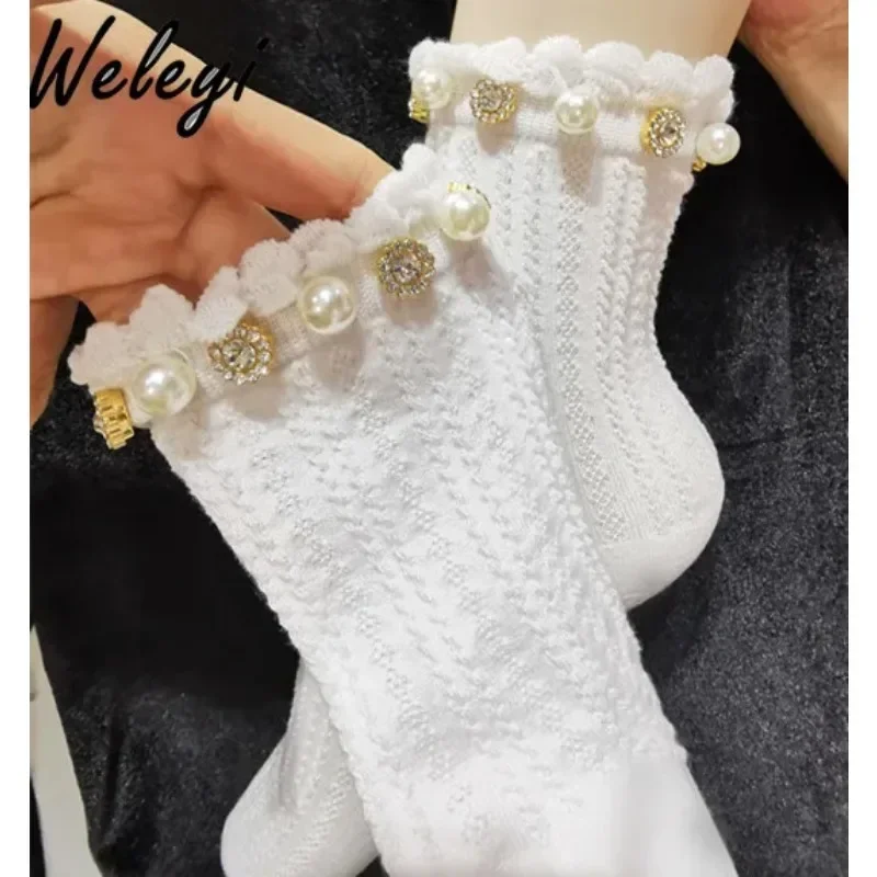 Jirai Accessories Lolita Cute Girl Pearls Rhinestones Socks 2024 Sweet Pearl Diamond Bubble Jirai Kei Mesh Pure Cotton Stockings