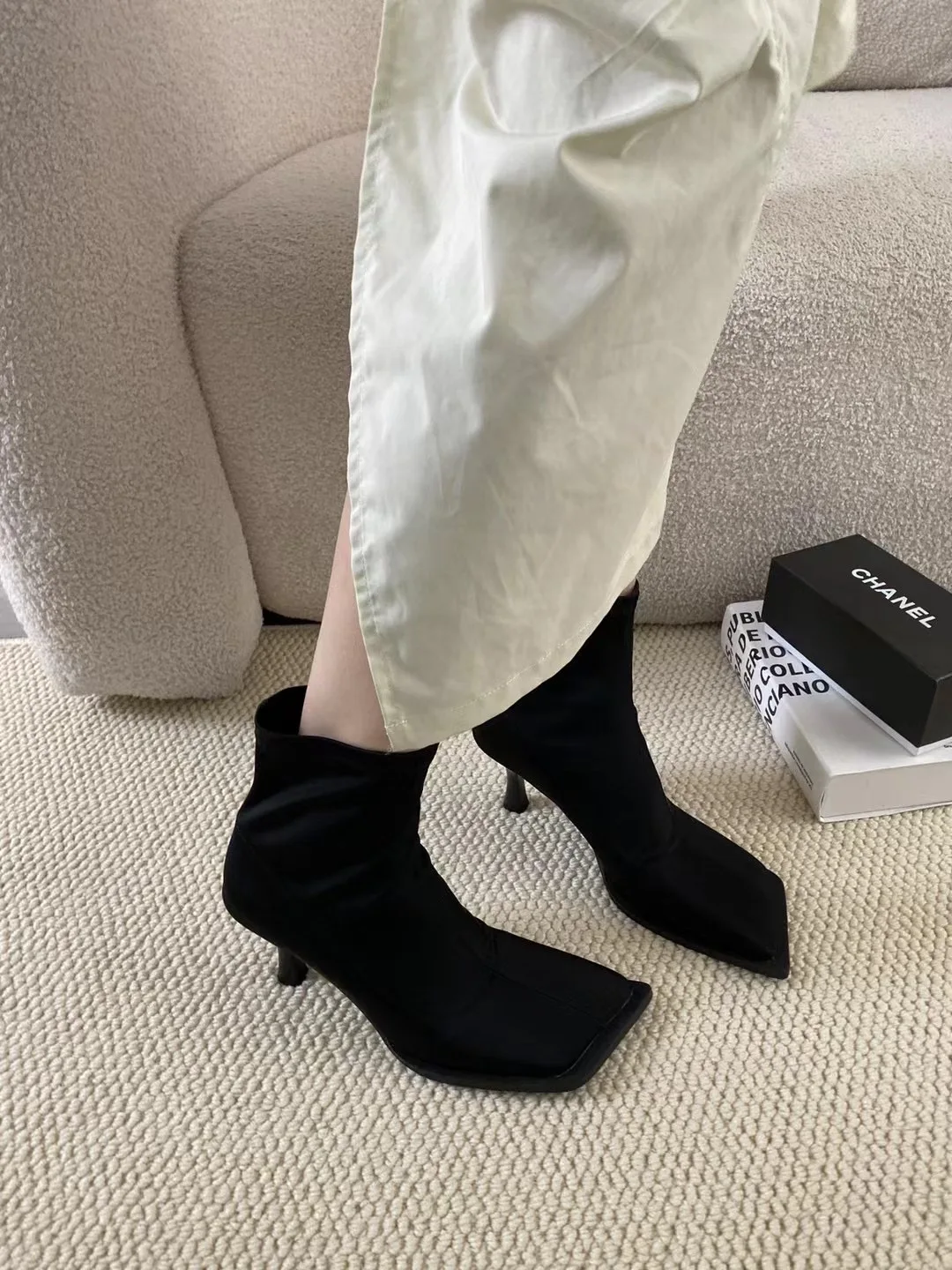 Square Toe Women Ankle Boots Sock Bootie Stretch Shoes Woman Elegant Black Lycra Design Back Zipper Fashion Pumps Size 35-39