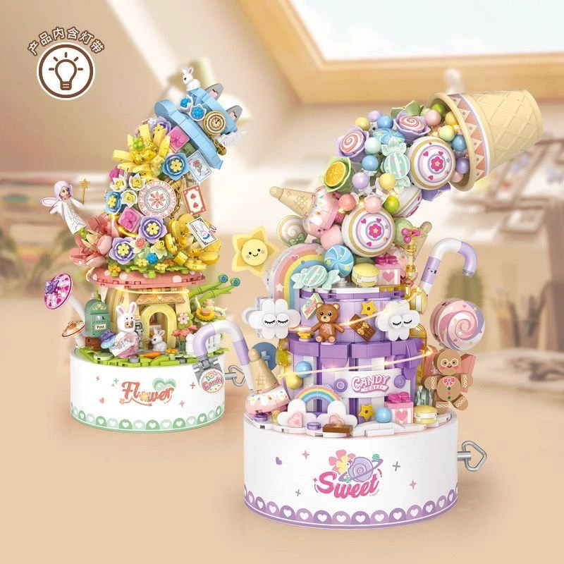 Mini Particle Building Blocks Light Sweetheart Flower Travel Music Box Assembly Educational Toys Christmas Model Ornaments Gift