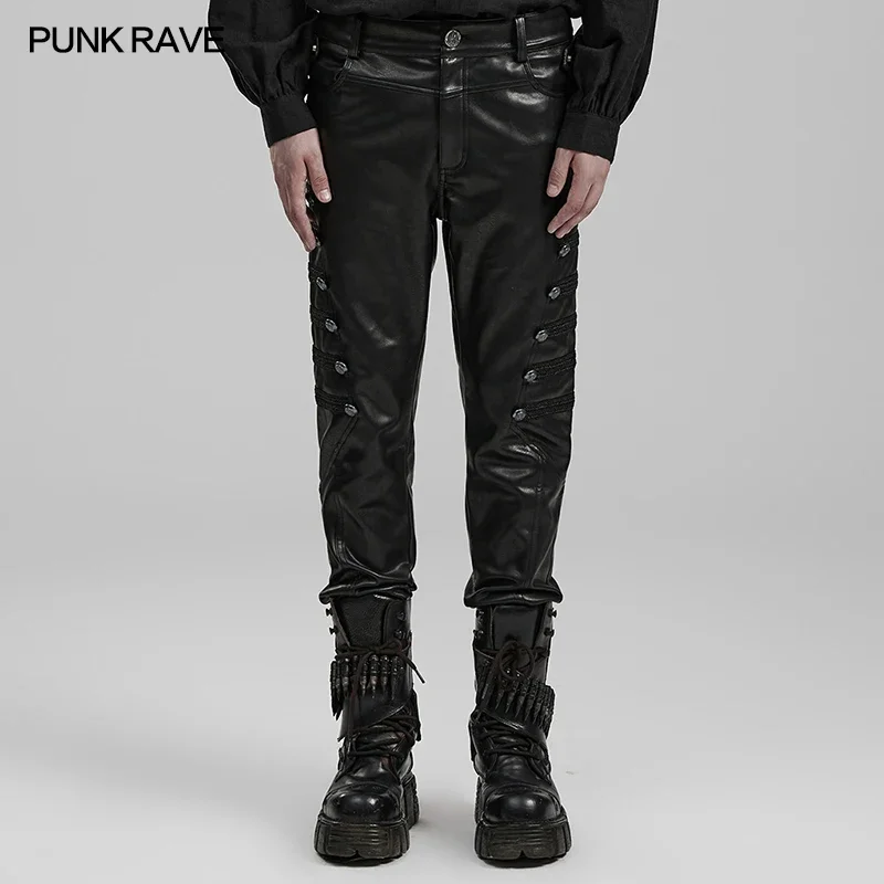 PUNK RAVE Men's Punk Suede with Random Pattern PU Leather Pants Personalized Cool Handsome Black Trousers Autumn/Winter