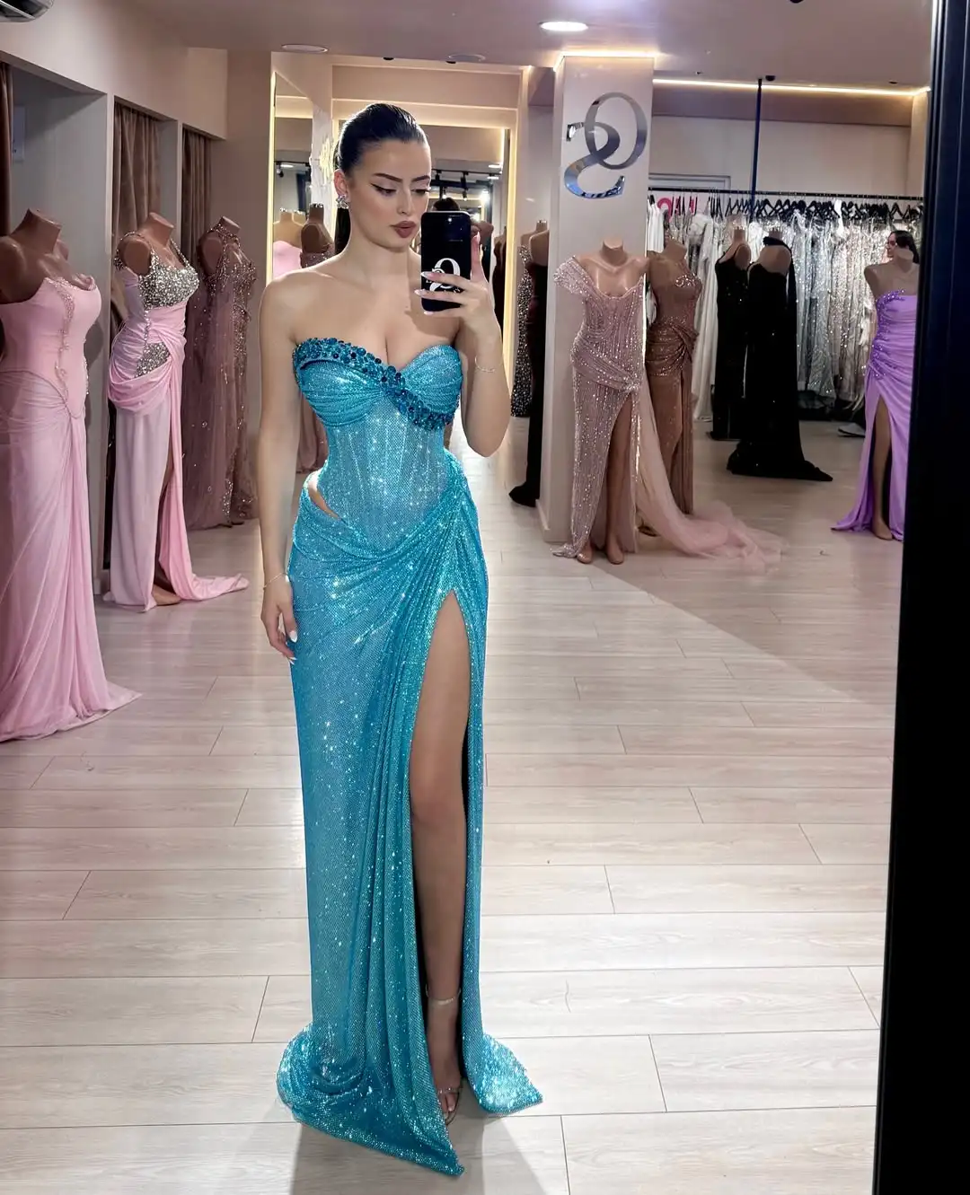 

Ofherown Sparkly Sequins Strapless Mermaid Prom Dresses Glitter Ruched Formal Evening Gowns High Slit Vestidos De Noches