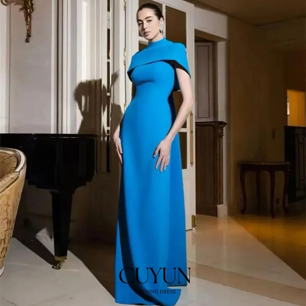 Cuyun personalizado azul camisa de noite drapeado botão aniversário a linha gola alta vestido de ocasião sob medida vestidos longos